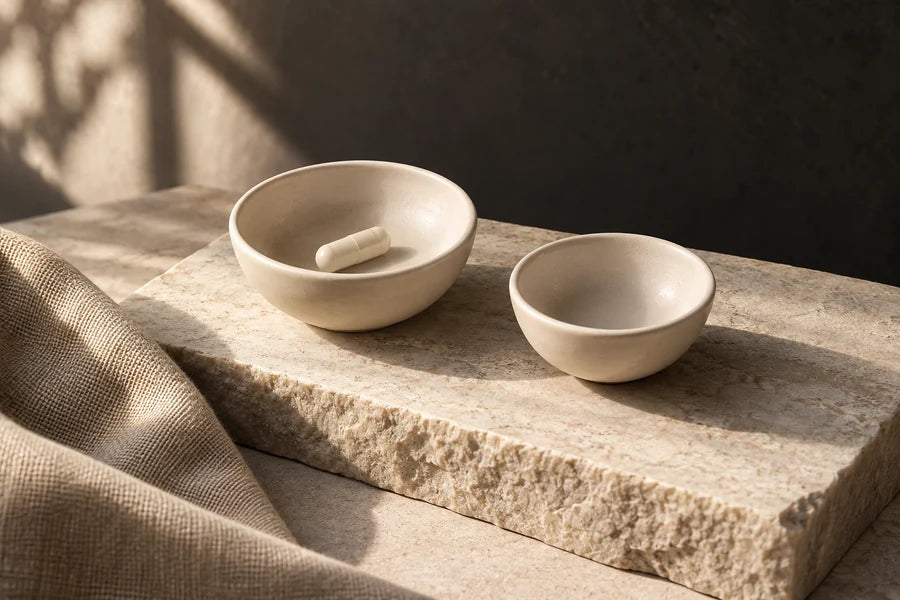 Two ivory ceramic bowls, one holding a capsule, on a pale stone slab.