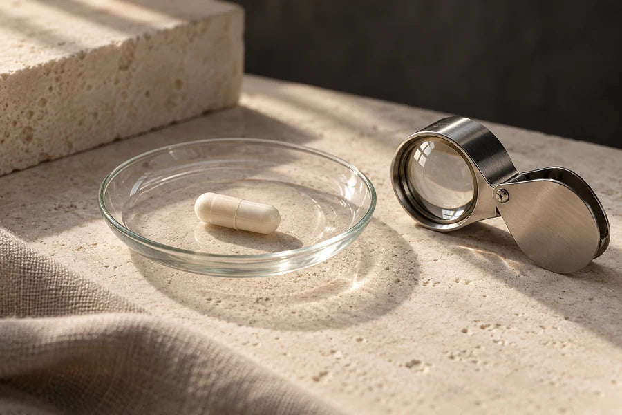 One ivory capsule in a clear watch glass beside a magnifying loupe.