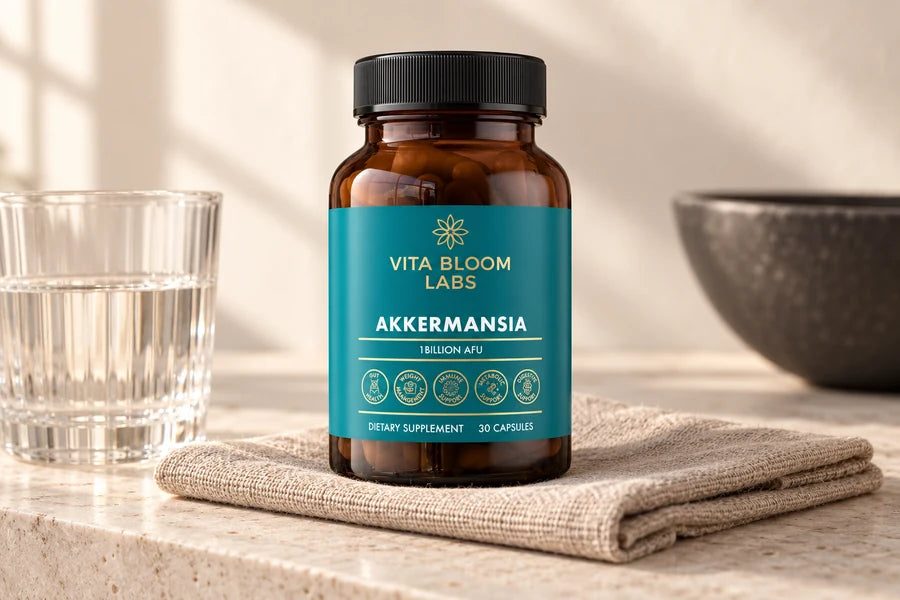 Akkermansia bottle on folded oat linen beside a water glass.