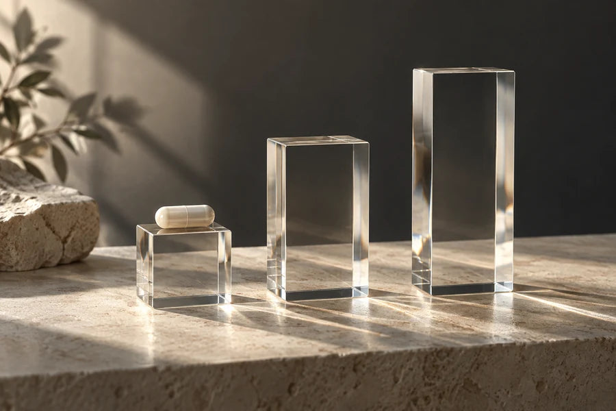 One ivory capsule on a clear glass block with soft light passing through three glass forms.