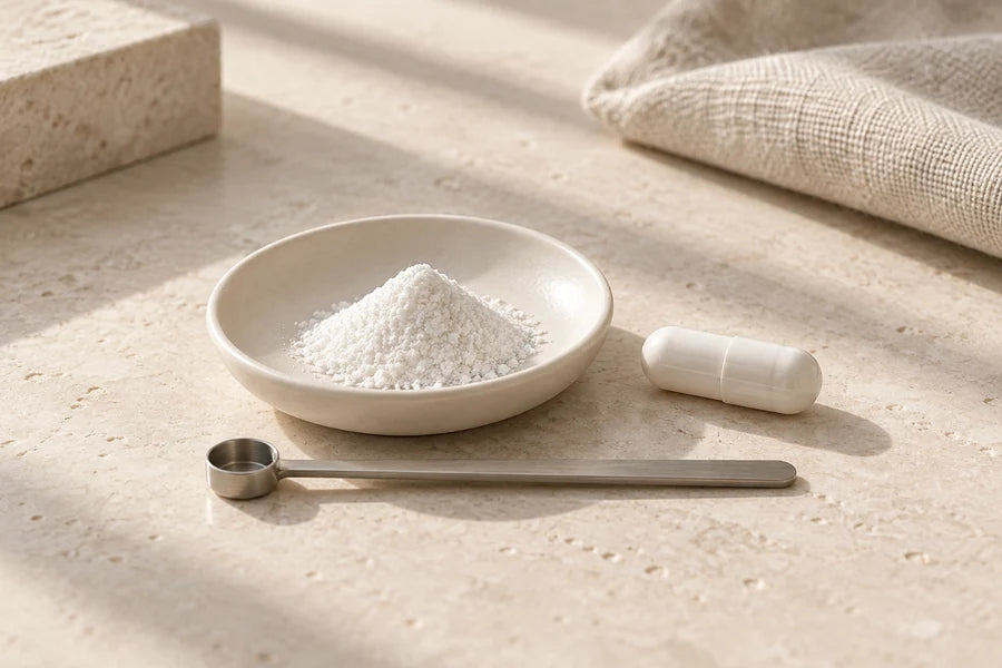 A small porcelain dish of white powder beside one capsule and a steel scoop.