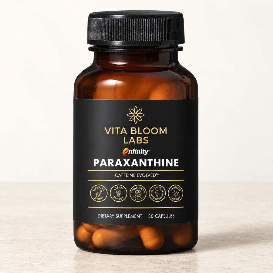 Enfinity Paraxanthine bottle on warm ivory stone