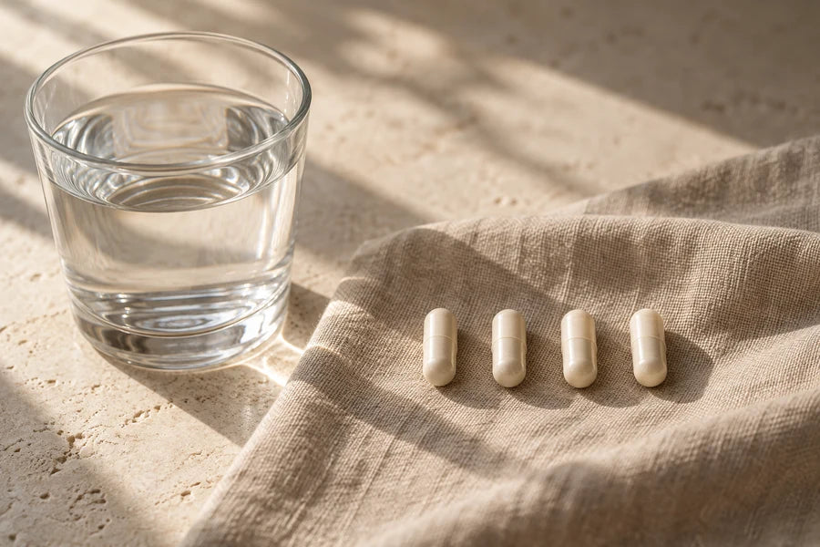 Exactly four ivory capsules in a row on oat linen beside a water glass.