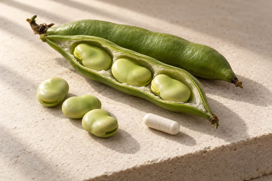 Open fava bean pods and loose beans beside one ivory capsule.
