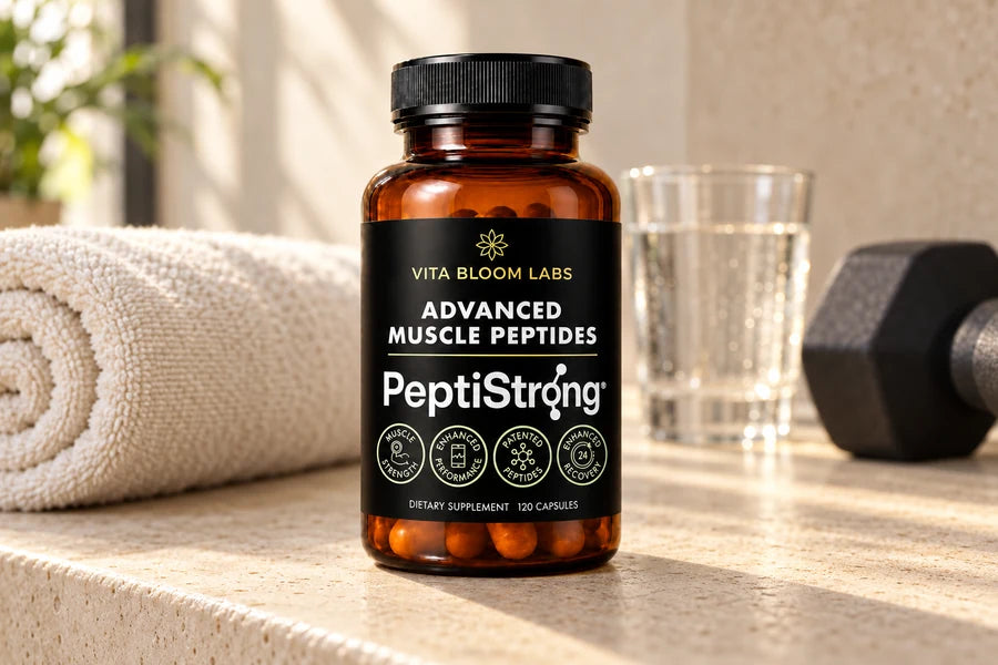 PeptiStrong bottle in a calm training corner with a towel, dumbbell, and water glass.