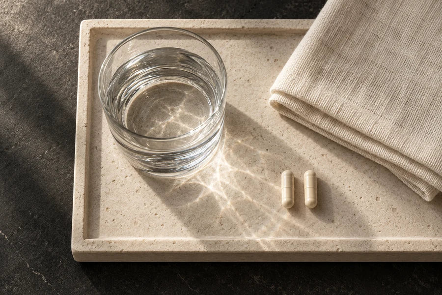 A water glass, folded ivory linen, and two capsules on a pale stone tray.