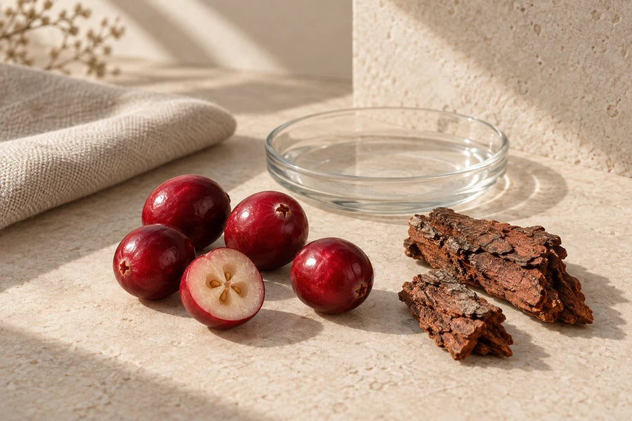 Fresh cranberries and pieces of pine bark on pale limestone.
