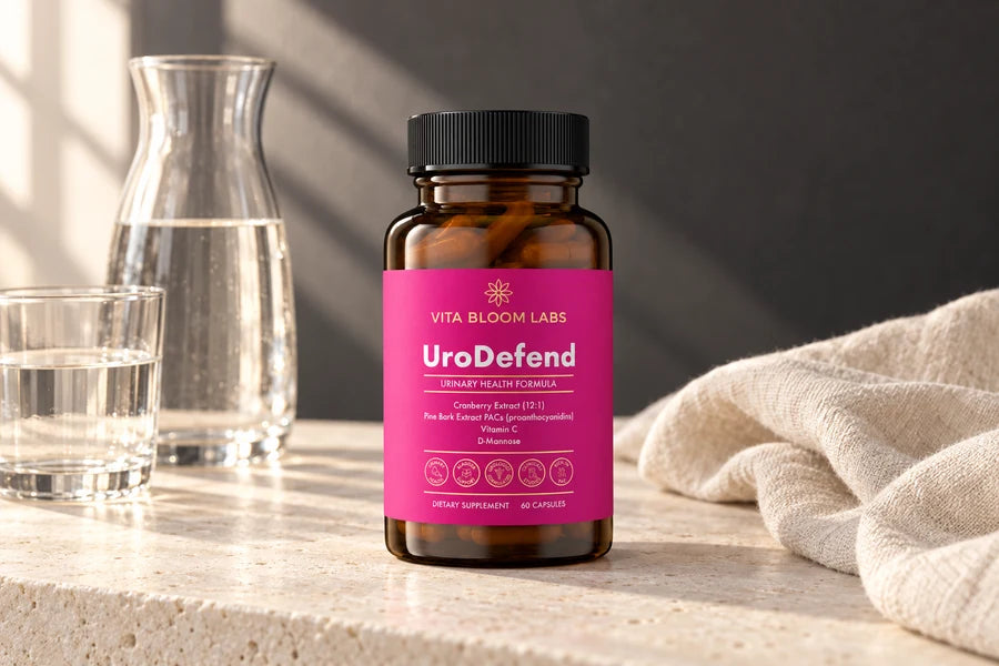UroDefend bottle beside a glass water carafe on a pale stone console.